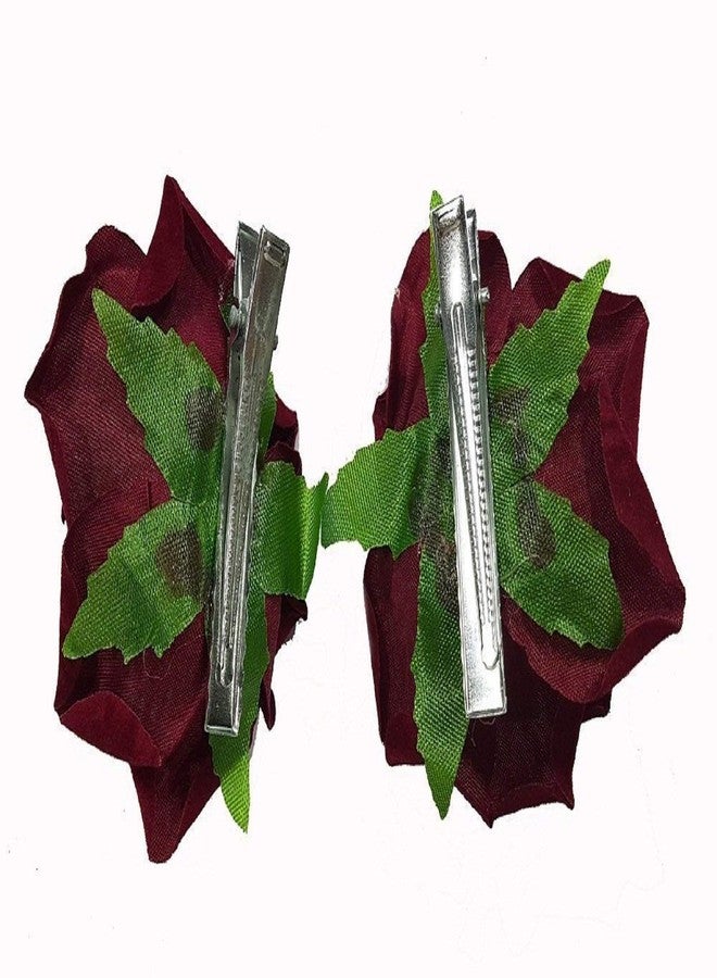 AASA Flower Style Juda Pins for Women and Girls Wedding Hair Accessories for Bride Girl Set of 2Pcs Pack of 1 (Velvet Rose Mehroon) - Image 5
