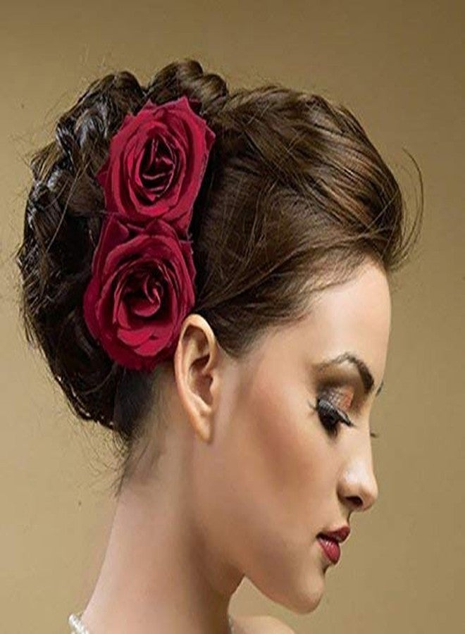 AASA Flower Style Juda Pins for Women and Girls Wedding Hair Accessories for Bride Girl Set of 2Pcs Pack of 1 (Velvet Rose Mehroon) - Image 3