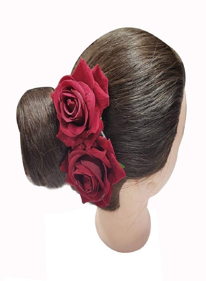 AASA Flower Style Juda Pins for Women and Girls Wedding Hair Accessories for Bride Girl Set of 2Pcs Pack of 1 (Velvet Rose Mehroon) - Image 4