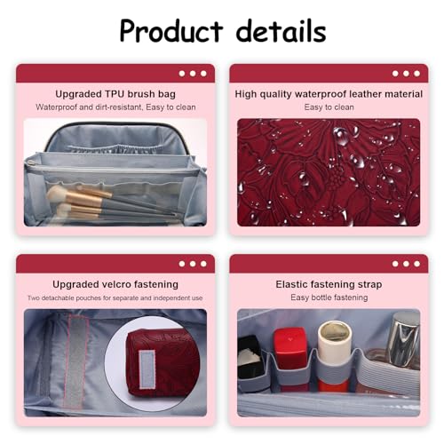 BOYATU Travel Makeup Bags Cosmetic Organizer Bag: 3-Set Large Capacity Make up Bag - PU Leather Toiletry Bags for Women - Wide Open Portable Pouch with Divider & Handle (02-Dark Red) - Image 3