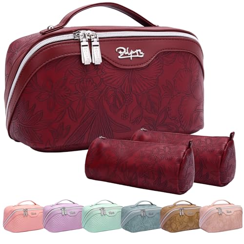 BOYATU Travel Makeup Bags Cosmetic Organizer Bag: 3-Set Large Capacity Make up Bag - PU Leather Toiletry Bags for Women - Wide Open Portable Pouch with Divider & Handle (02-Dark Red) - Image 1