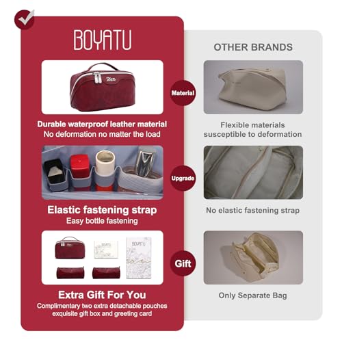BOYATU Travel Makeup Bags Cosmetic Organizer Bag: 3-Set Large Capacity Make up Bag - PU Leather Toiletry Bags for Women - Wide Open Portable Pouch with Divider & Handle (02-Dark Red) - Image 2