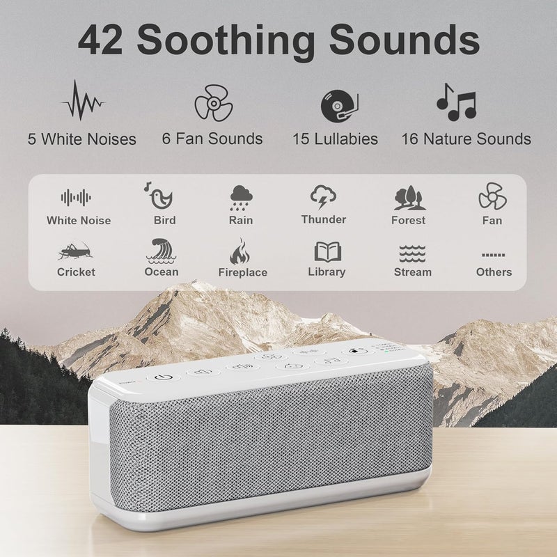 Raynic White Noise Machine, 42 Soothing Sounds Noise Machine, Rechargeable Battery Sound Machine with 8 Volumes, 5 Timers, Type-C Port, Headphone Jack for Baby, Adult, Home, Travel, Office - Image 3