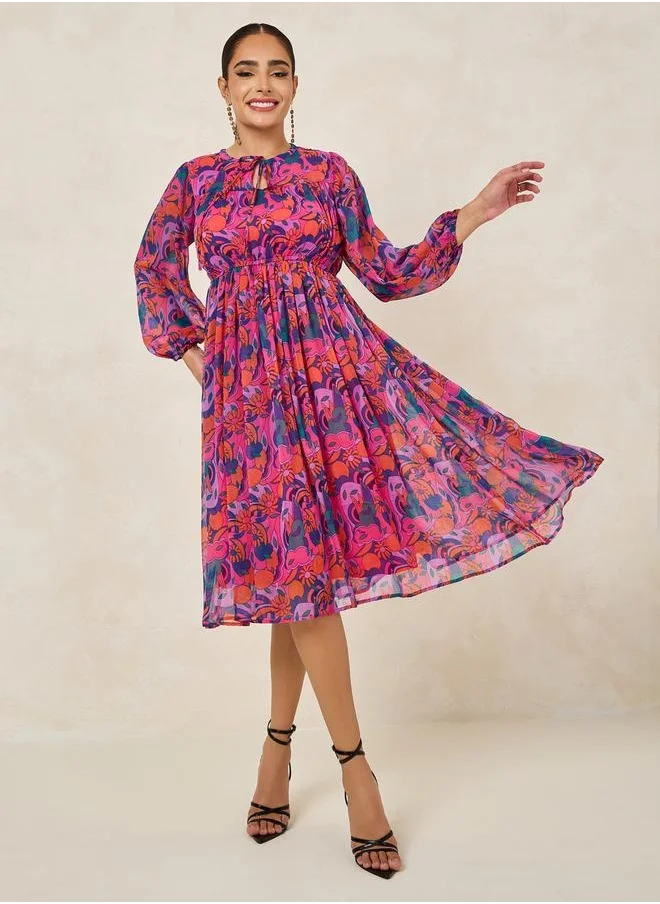 ستايلي All Over Print Long Sleeve A-Line Midi Dress