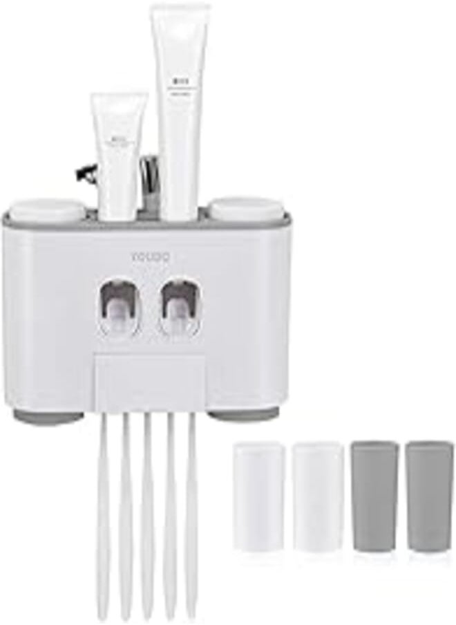 YOUDO Automatic Toothpaste Dispenser and Toothbrush Holder Set - Wall Mounted Hands-Free 2 Toothpaste Squeezers with 5 Brushes Set with 4 Cups - Fit for Kids and Adults, Single, Lovers and Family - Gray 