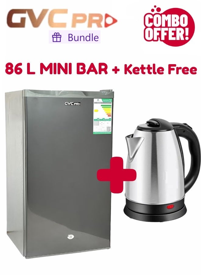 gvc pro ثلاجة باب واحد 3 أقدام 86 لتر GVCRF-140-1 فضي/إنوكس وغلاية كهربائية DENX، سعة 1.8 لتر، غليان سريع، غلاية عالية السرعة، قاعدة دوارة 360°، DX1774Bundle - Image 1