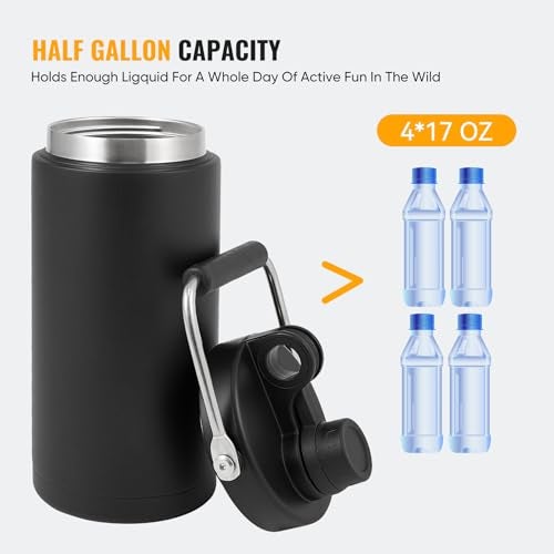 Kerilyn Insulated Half Gallon Jug with Handle, 64oz Stainless Steel, Large Double Vacuum Water Bottle for Hot & Cold Drinks, Wide Mouth, Sweat Proof, Great for Travel, Camping, Black - Image 2