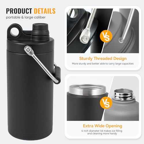 Kerilyn Insulated Half Gallon Jug with Handle, 64oz Stainless Steel, Large Double Vacuum Water Bottle for Hot & Cold Drinks, Wide Mouth, Sweat Proof, Great for Travel, Camping, Black - Image 4