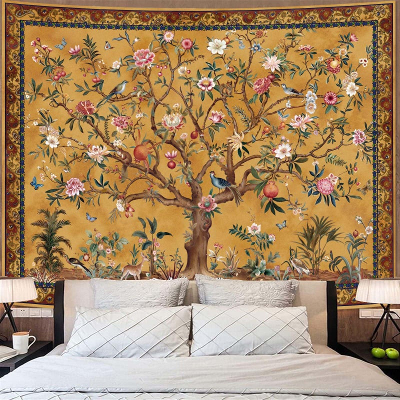 Faxdong Boho Tree of LIfe Tapestry, Vintage Flower Leaves Birds Plant Animal Pattern Tapestries, Retro Indian Bohemian Aesthetic Wall Hanging Orange Yellow 36Ã—48 inch - Image 4