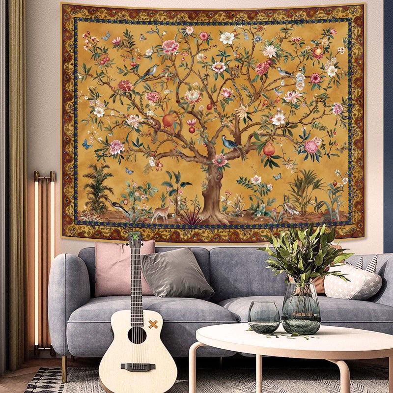 Faxdong Boho Tree of LIfe Tapestry, Vintage Flower Leaves Birds Plant Animal Pattern Tapestries, Retro Indian Bohemian Aesthetic Wall Hanging Orange Yellow 36Ã—48 inch - Image 3