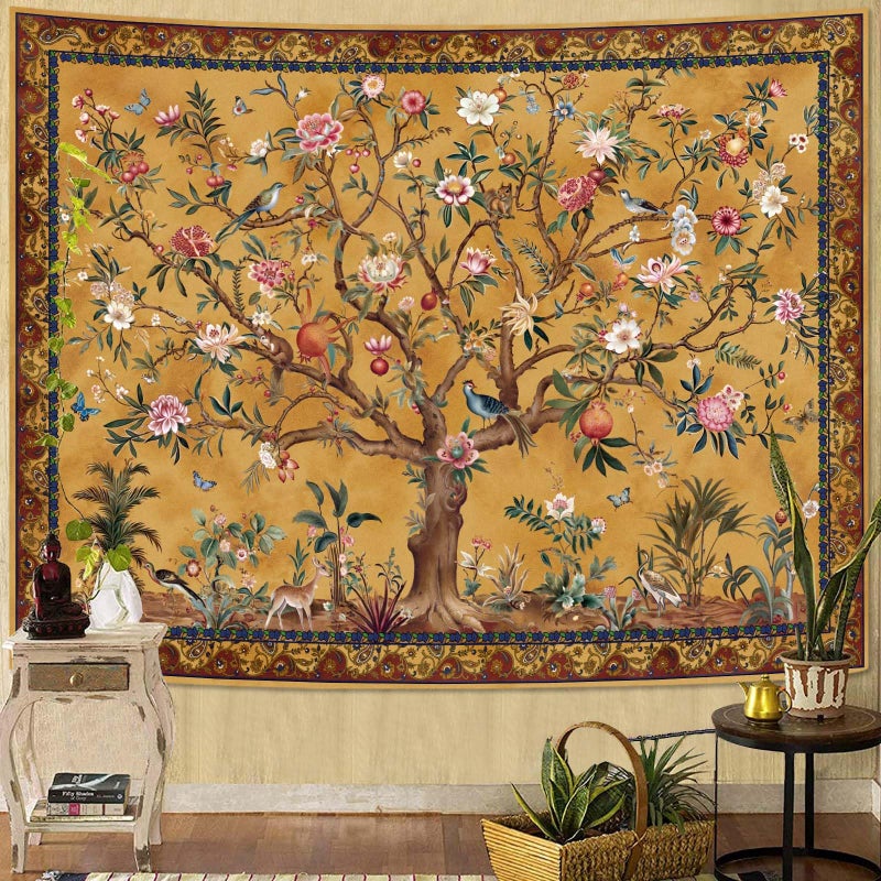 Faxdong Boho Tree of LIfe Tapestry, Vintage Flower Leaves Birds Plant Animal Pattern Tapestries, Retro Indian Bohemian Aesthetic Wall Hanging Orange Yellow 36Ã—48 inch - Image 1