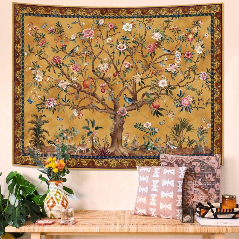 Faxdong Boho Tree of LIfe Tapestry, Vintage Flower Leaves Birds Plant Animal Pattern Tapestries, Retro Indian Bohemian Aesthetic Wall Hanging Orange Yellow 36Ã—48 inch - Image 2