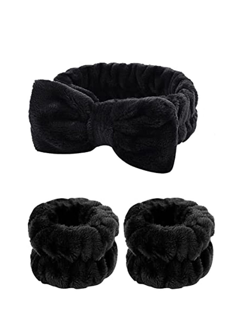 AROAQ SPA Headband Face Wash Wristband and Headband Set Microfiber Wristbands Wrist Towels for Washing Face, Absorbent Wash Bands Wrist Scrunchies No Drip Cleansing Cuffs for Girls Black - Image 1