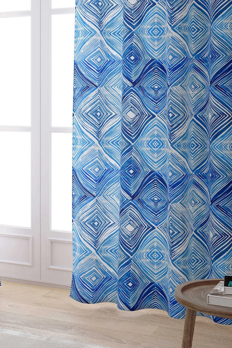كانغو هوم Blue White Geometric Decorative Digital Printed Curtain CGH185-PR