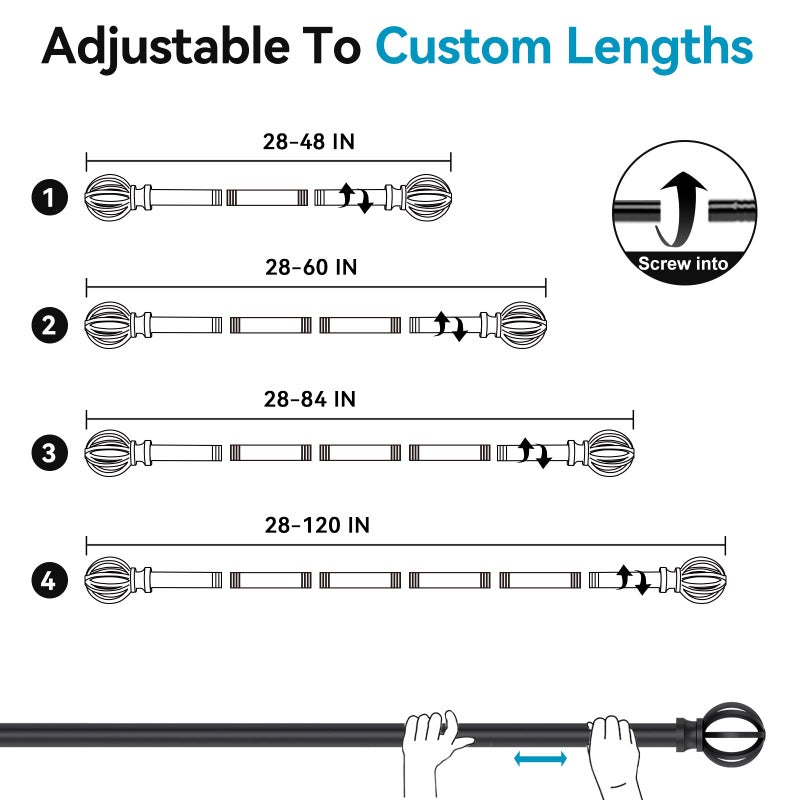 Poskena Black Curtain Rods for Windows 28 to 48 Inch, 2 Pack 5/8" Diameter Heavy Duty Metal Adjustable Small Drapery Rod With Bracket - Image 5