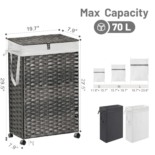 Hiagnete 70L Slim Laundry Hamper with Lid & Wheels, Rolling Laundry Basket with 2 Removable Liner Bags & 3 Mesh Bags, Narrow Dirty Clothes Basket, Foldable Handwoven Rattan Laundry Sorter, Grey - Image 4