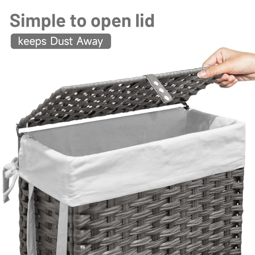 Hiagnete 70L Slim Laundry Hamper with Lid & Wheels, Rolling Laundry Basket with 2 Removable Liner Bags & 3 Mesh Bags, Narrow Dirty Clothes Basket, Foldable Handwoven Rattan Laundry Sorter, Grey - Image 5