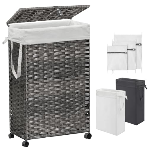 Hiagnete 70L Slim Laundry Hamper with Lid & Wheels, Rolling Laundry Basket with 2 Removable Liner Bags & 3 Mesh Bags, Narrow Dirty Clothes Basket, Foldable Handwoven Rattan Laundry Sorter, Grey - Image 1