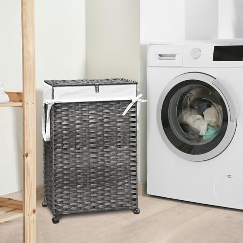Hiagnete 70L Slim Laundry Hamper with Lid & Wheels, Rolling Laundry Basket with 2 Removable Liner Bags & 3 Mesh Bags, Narrow Dirty Clothes Basket, Foldable Handwoven Rattan Laundry Sorter, Grey - Image 2