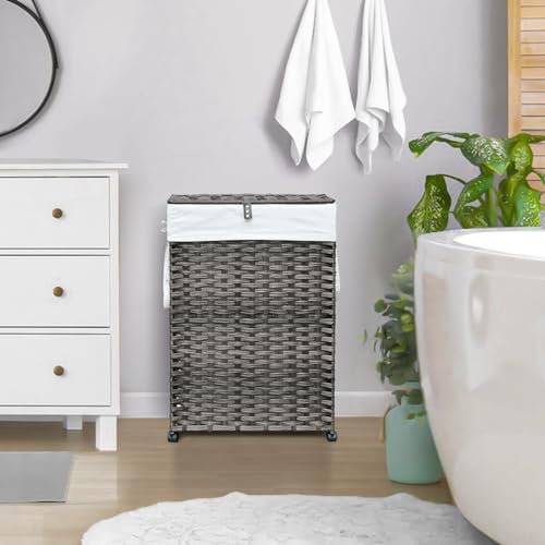 Hiagnete 70L Slim Laundry Hamper with Lid & Wheels, Rolling Laundry Basket with 2 Removable Liner Bags & 3 Mesh Bags, Narrow Dirty Clothes Basket, Foldable Handwoven Rattan Laundry Sorter, Grey - Image 3