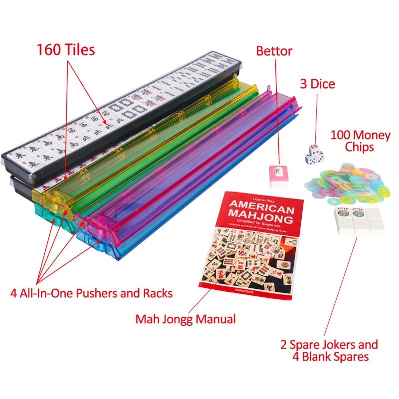 Jongyance American Mahjong Game Set, Mahjong Tile Set, Blcak Bag,166 White Tiles, 4 All-in-One Color Rack/Pushers, 100 Chips, 1 Wind Indicator - Image 2