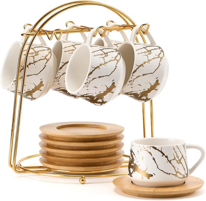 CERAMIC ESPRESSO CUPS WITH SAUCERS AND METAL STAND SMALL 4 OZ PORCELAIN DEMITASSE CUPS SET OF 6 CUTE CAPPUCCINO COFFEE CUPS FOR DOUBLE ESPRESSO TEA MARBLING WHITE