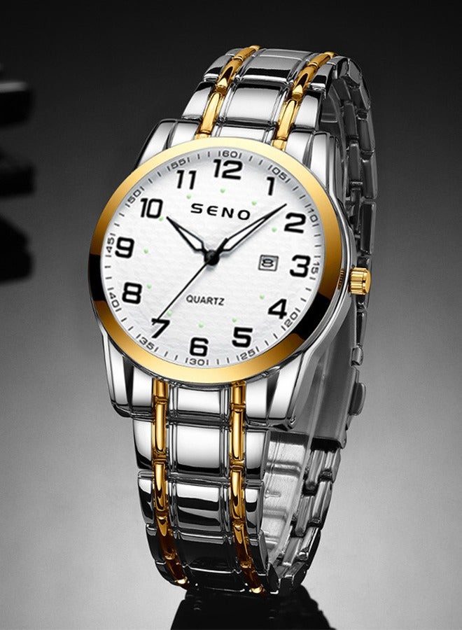 SENO Round hollow-out white dial, fully automatic waterproof luminous quartz men's business calendar watch with silver-gold stainless steel strap - Image 1