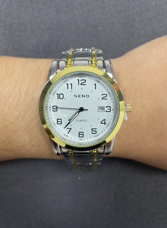 SENO Round hollow-out white dial, fully automatic waterproof luminous quartz men's business calendar watch with silver-gold stainless steel strap - Image 5