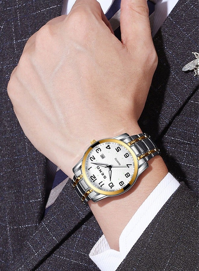 SENO Round hollow-out white dial, fully automatic waterproof luminous quartz men's business calendar watch with silver-gold stainless steel strap - Image 2