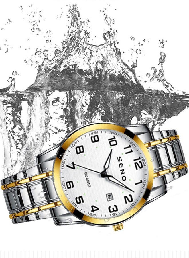 SENO Round hollow-out white dial, fully automatic waterproof luminous quartz men's business calendar watch with silver-gold stainless steel strap - Image 3