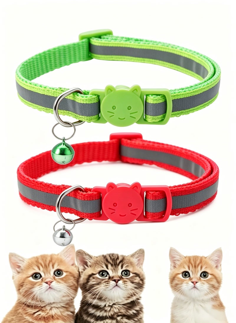 Red & Green Reflective Cat Collar Bundle, Safety Breakaway Buckle with Bell, Adjustable for Small Cats & Kittens, 2-Pack - Image 1
