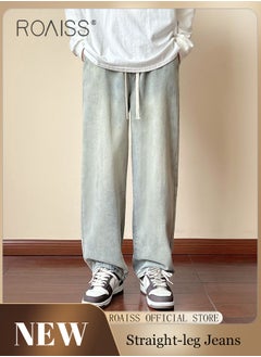 roaiss Retro Loose Tether Mid Waist Jeans for Men Versatile Casual Premium Cotton Straight Pants Mens Comfortable Breathable Skin-Friendly Trousers with Environmentally Friendly Dyeing Process  - Image 1