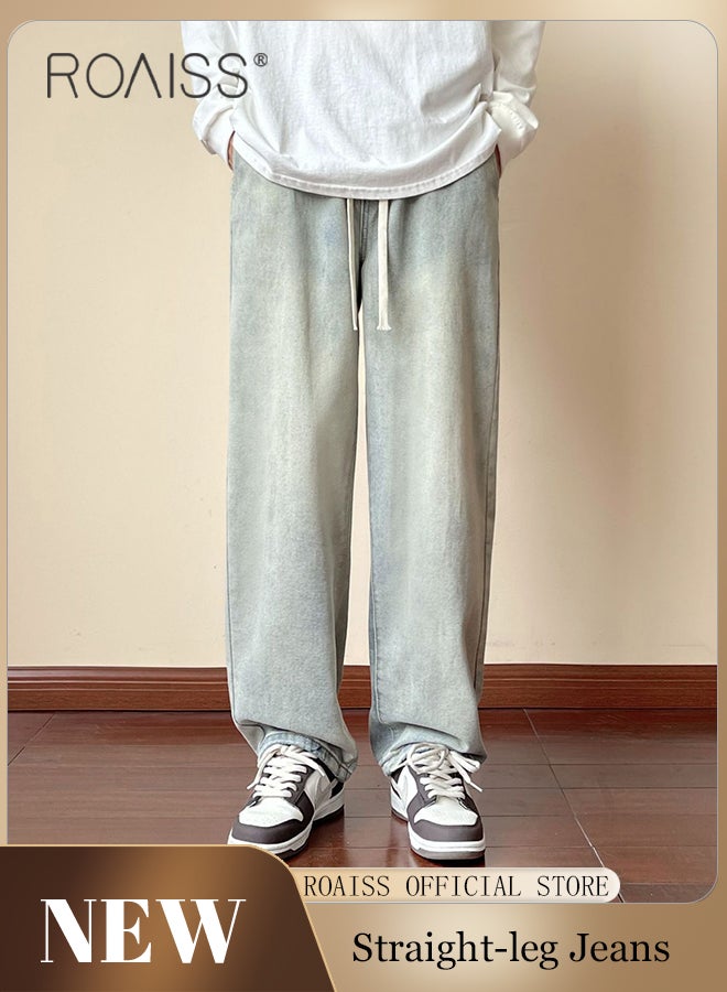 roaiss Retro Loose Tether Mid Waist Jeans for Men Versatile Casual Premium Cotton Straight Pants Mens Comfortable Breathable Skin-Friendly Trousers with Environmentally Friendly Dyeing Process - Image 1