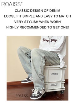 roaiss Retro Loose Tether Mid Waist Jeans for Men Versatile Casual Premium Cotton Straight Pants Mens Comfortable Breathable Skin-Friendly Trousers with Environmentally Friendly Dyeing Process  - Image 3