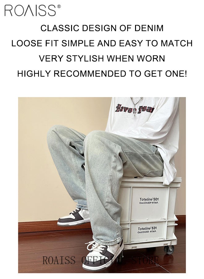 roaiss Retro Loose Tether Mid Waist Jeans for Men Versatile Casual Premium Cotton Straight Pants Mens Comfortable Breathable Skin-Friendly Trousers with Environmentally Friendly Dyeing Process - Image 3