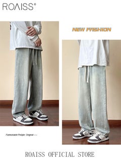 roaiss Retro Loose Tether Mid Waist Jeans for Men Versatile Casual Premium Cotton Straight Pants Mens Comfortable Breathable Skin-Friendly Trousers with Environmentally Friendly Dyeing Process  - Image 2