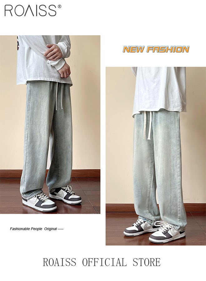 roaiss Retro Loose Tether Mid Waist Jeans for Men Versatile Casual Premium Cotton Straight Pants Mens Comfortable Breathable Skin-Friendly Trousers with Environmentally Friendly Dyeing Process - Image 2
