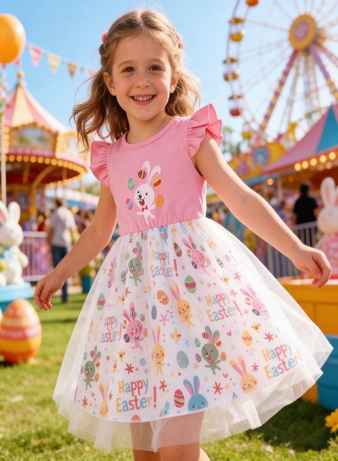RETSUGO Toddler Baby Girl Easter Outfit Ruffle Sleeve Bunny Eggs Romper Tutu Dress Princess Party Dress Summer Clothes Easter Skirt Set 4-5t 1316 - Image 2