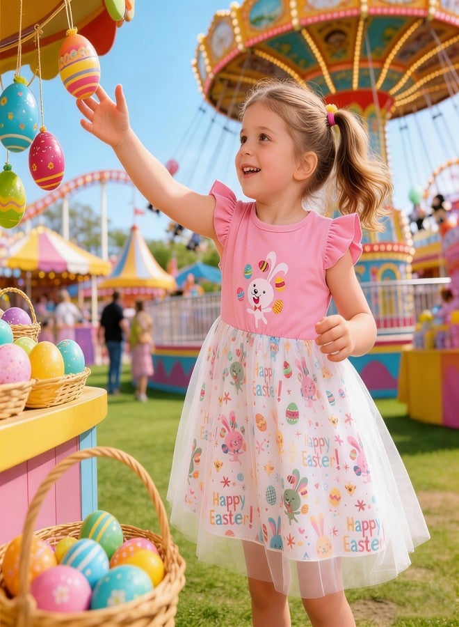 RETSUGO Toddler Baby Girl Easter Outfit Ruffle Sleeve Bunny Eggs Romper Tutu Dress Princess Party Dress Summer Clothes Easter Skirt Set 4-5t 1316 - Image 3