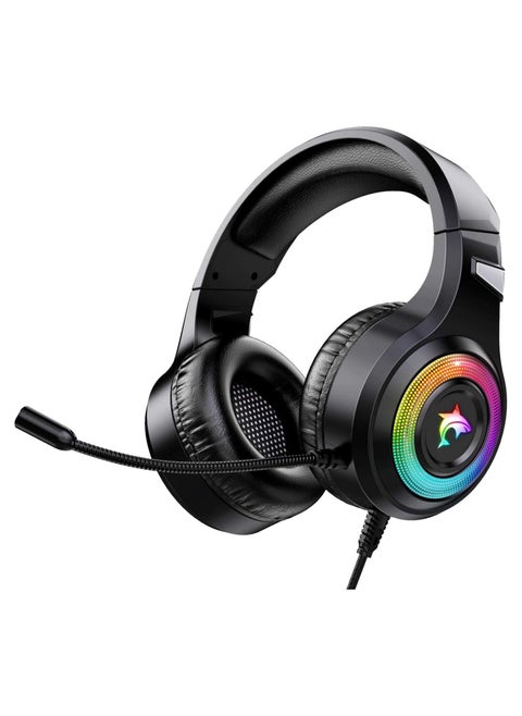 سماعة رأس للالعاب F2 RGB من اودابان، صوت محيطي 7.1، ميكروفون واضاءة LED، ميكروفون بخاصية الغاء الضوضاء فوق الاذن متوافقة مع منصات متعددة، سلكي، أسود