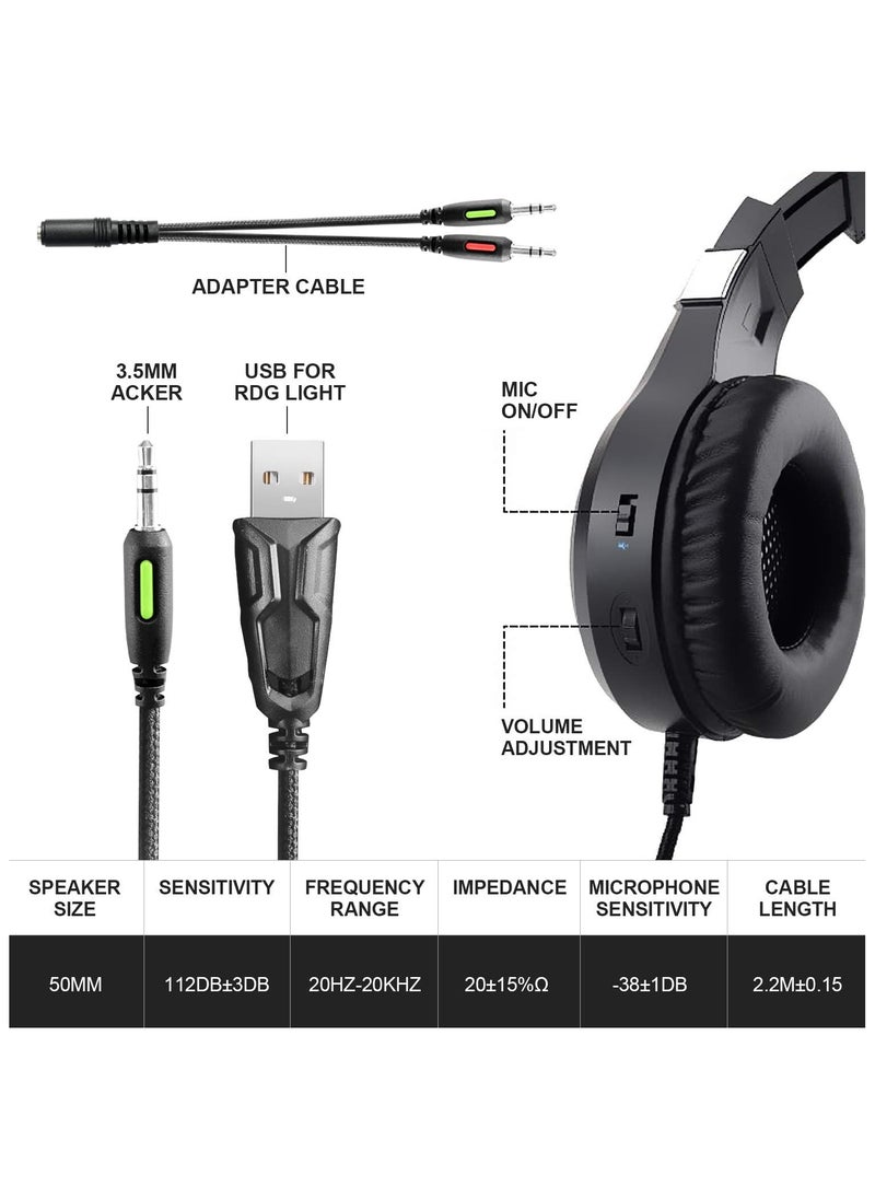 سماعة رأس للالعاب F2 RGB من اودابان، صوت محيطي 7.1، ميكروفون واضاءة LED، ميكروفون بخاصية الغاء الضوضاء فوق الاذن متوافقة مع منصات متعددة، سلكي، أسود