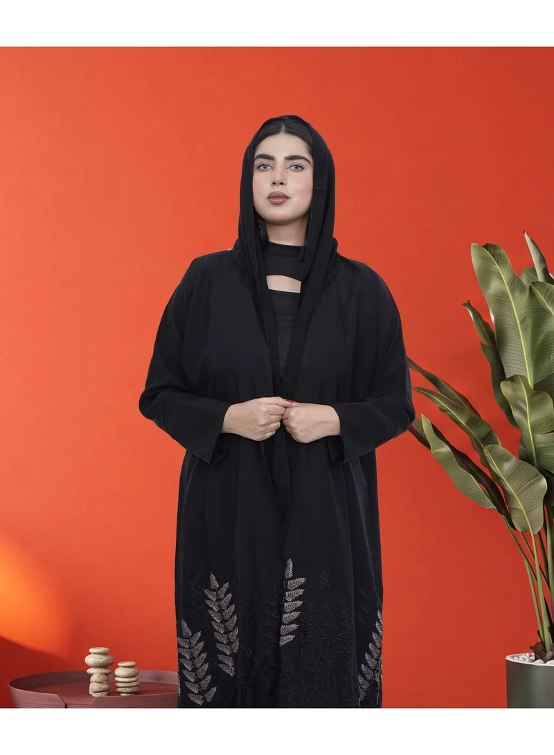Fashion Line Elegant Black Front-Open Abaya with Intricate Leaf Embroidery