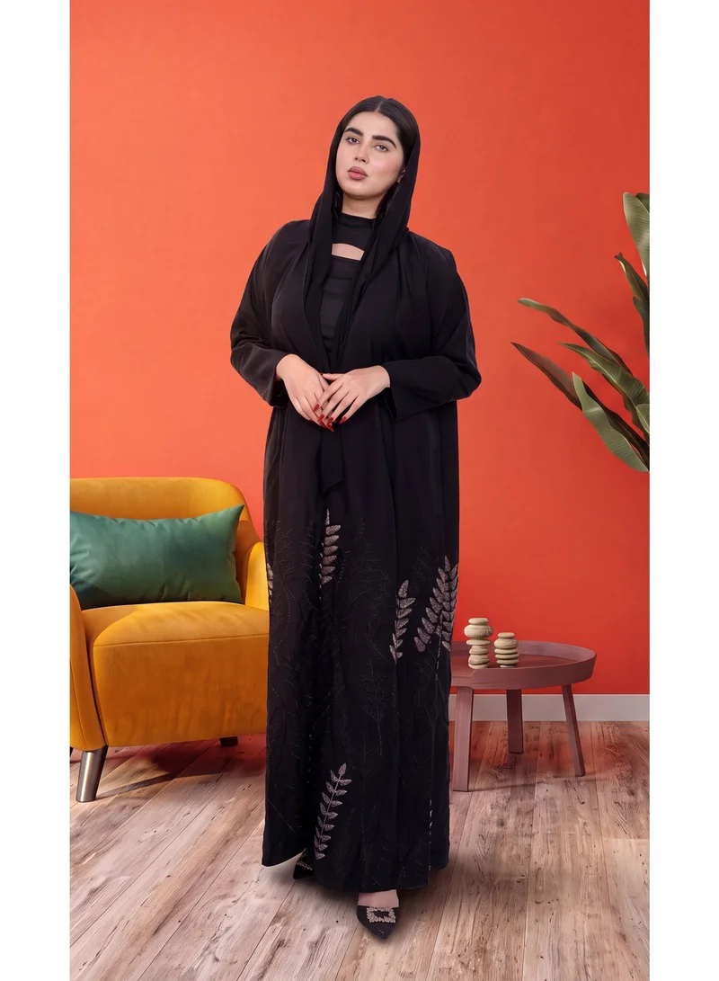Fashion Line Elegant Black Front-Open Abaya with Intricate Leaf Embroidery