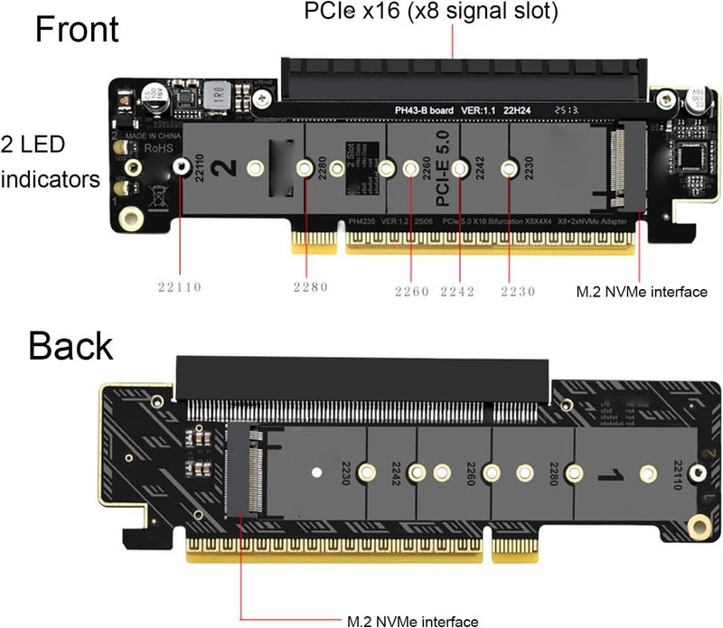 LICAEVEY PCIe 5.0 X16 to Dual M.2 M Key Adapter Card, .2 PCIe NVMe Expansion Card with X8 X4 X4 Split Design for High Speed SSD Array, Compatible with 4.0 3.0 - Image 4