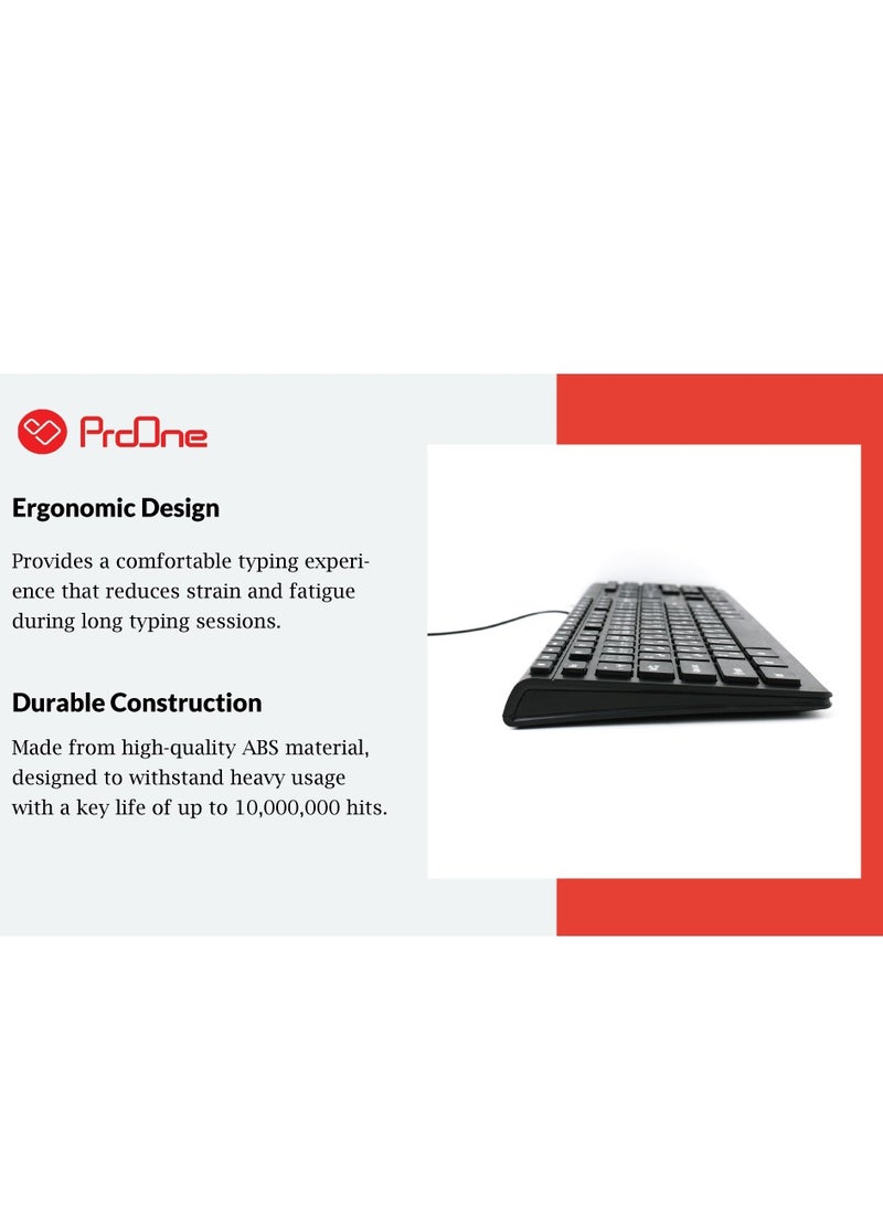 ProOne PKC50 Keyboard - 104 Keys & 17 Multimedia Hot Keys, 1.5M Wired, Ergonomic Design, Wide Compatibility with Windows, Mac OS, Linux Systems, PC Keyboard, Laptop Keyboard