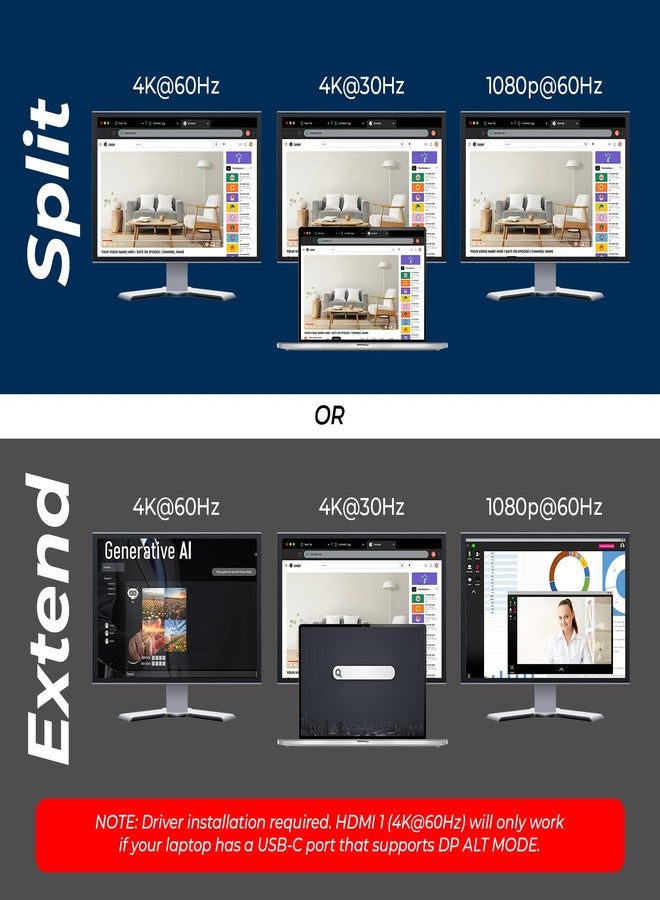 OREI SplitExtend Laptop Docking Station 4K Triple Monitor - 2X USB 3.0, 1x Type-C, SD Card Reader - USB-C Adapter to HDMI 2.0 Extended Screen, 4K@30Hz Outputs - 100W PD - Image 4