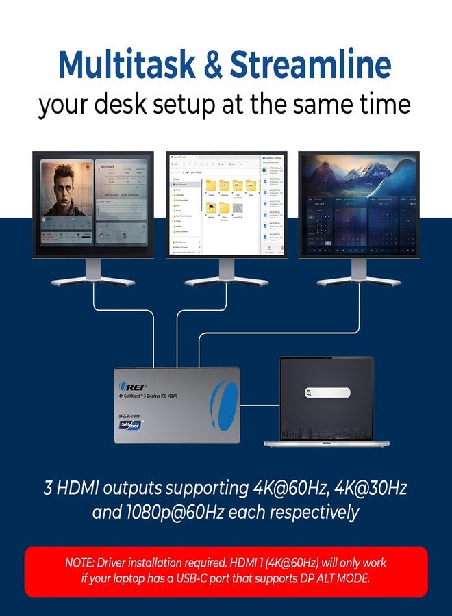 OREI SplitExtend Laptop Docking Station 4K Triple Monitor - 2X USB 3.0, 1x Type-C, SD Card Reader - USB-C Adapter to HDMI 2.0 Extended Screen, 4K@30Hz Outputs - 100W PD - Image 3