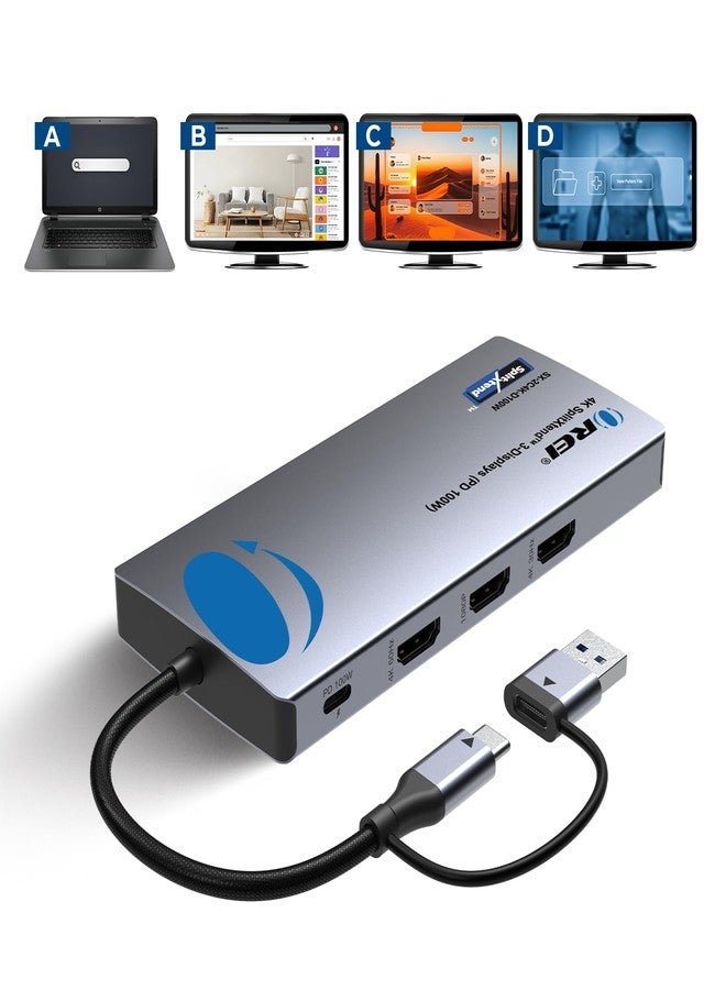 OREI SplitExtend Laptop Docking Station 4K Triple Monitor - 2X USB 3.0, 1x Type-C, SD Card Reader - USB-C Adapter to HDMI 2.0 Extended Screen, 4K@30Hz Outputs - 100W PD - Image 1