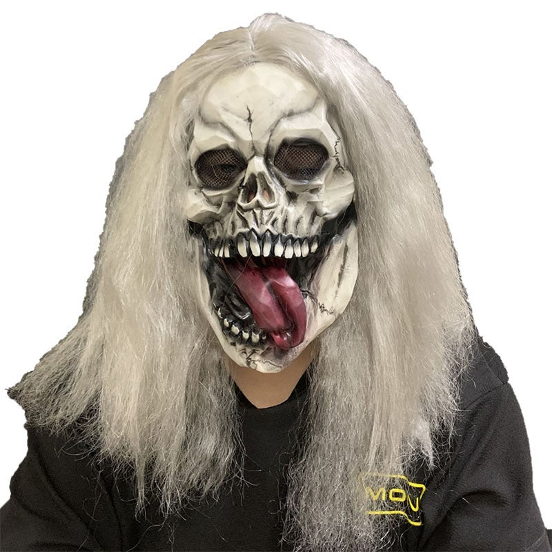 Halloween Scary Mask,  White Wig Adult Mask, Long Tongue - Image 1