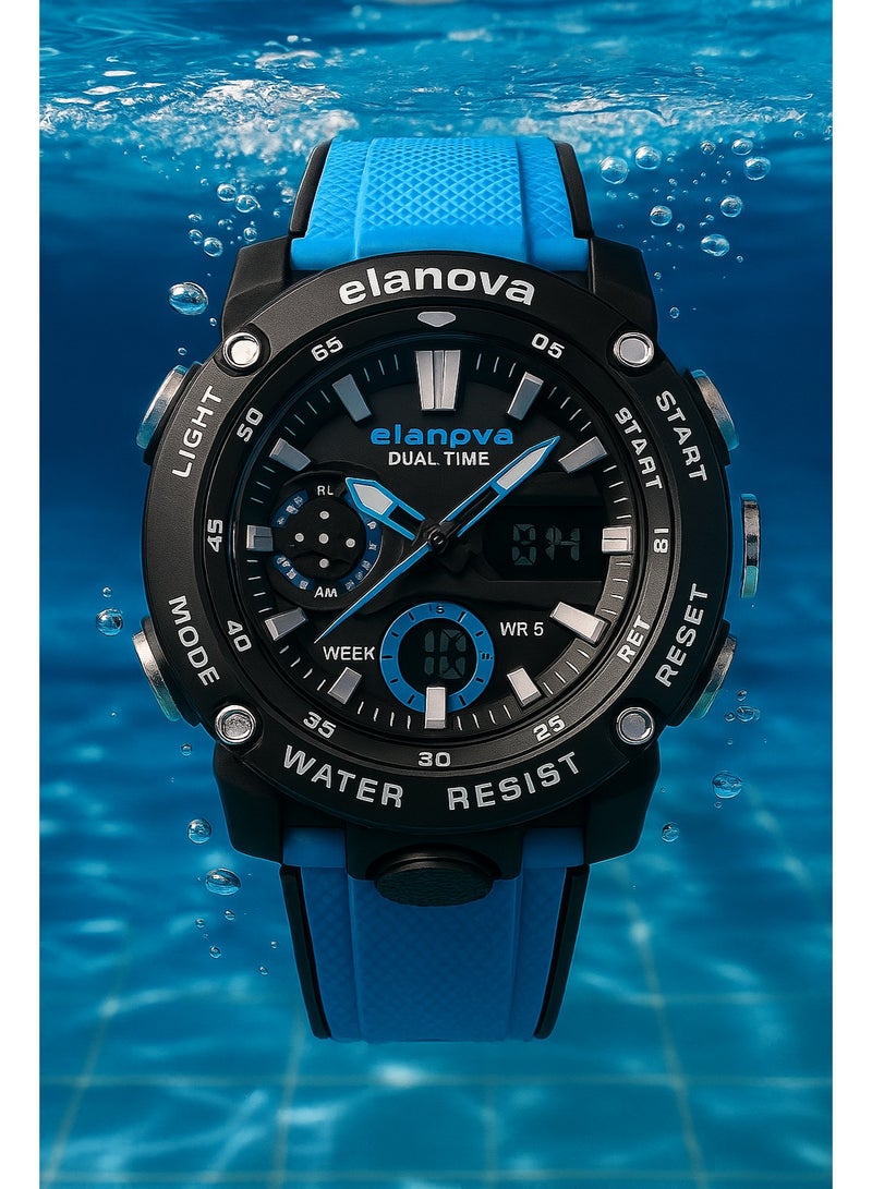 Elanova Sporty analog-digital watch with dual time feature, durable silicone strap, and 5-bar water resistance, model EL70 - Image 2